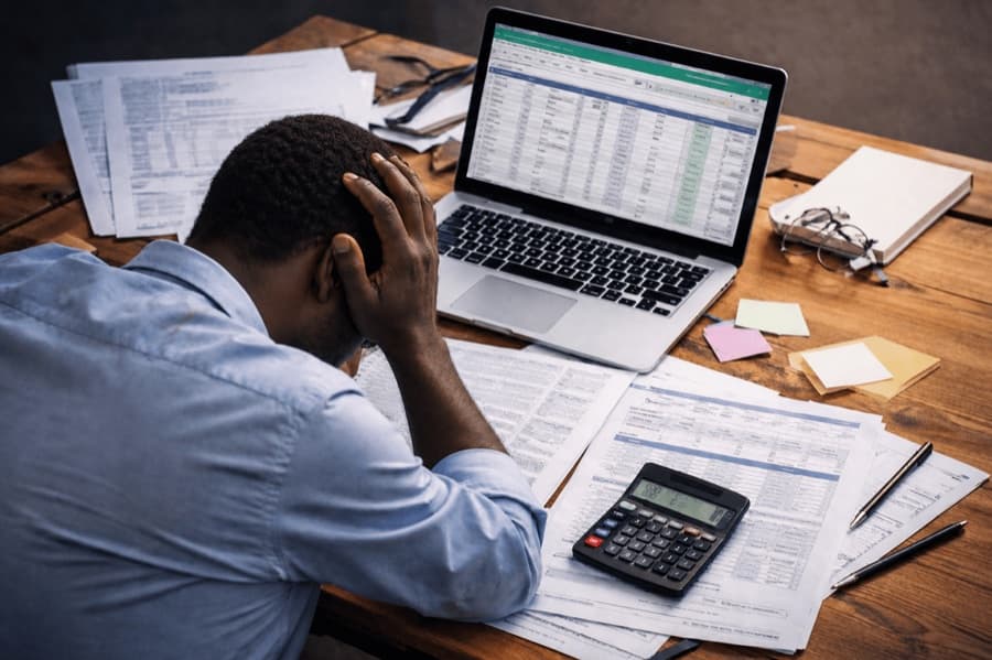 A man in a blue shirt sits at a desk with his head in his hands, in front of a laptop showing a dense spreadsheet and surrounded by scattered printed reports and a calculator.